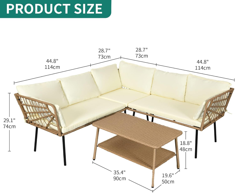 Rattan 4PCS Patio Furniture Set, Outdoor Wicker Conversation Sectional L-Shaped Sofa with 5 Seater for Backyard, Porch, Detachable Lounger with Thickness Cushions and Side Table - Beige