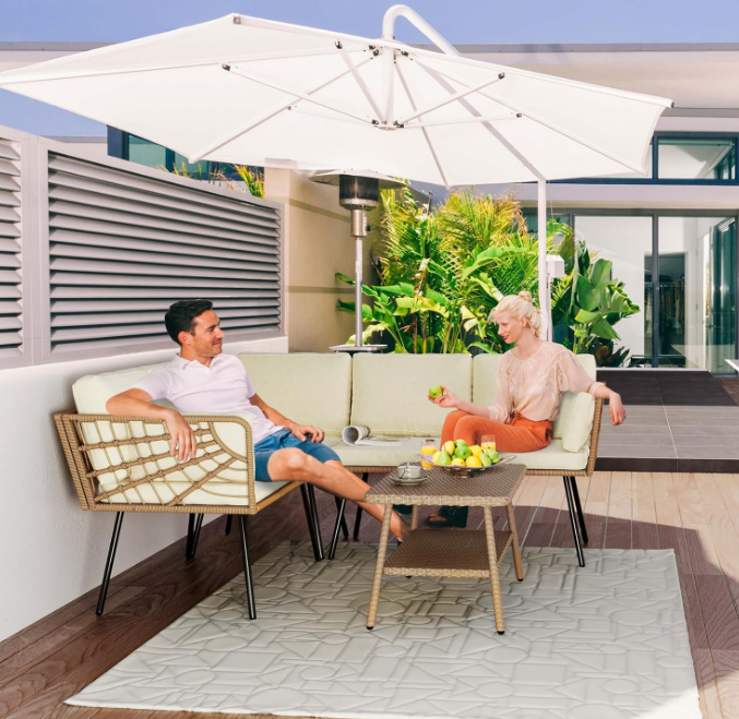Rattan 4PCS Patio Furniture Set, Outdoor Wicker Conversation Sectional L-Shaped Sofa with 5 Seater for Backyard, Porch, Detachable Lounger with Thickness Cushions and Side Table - Beige