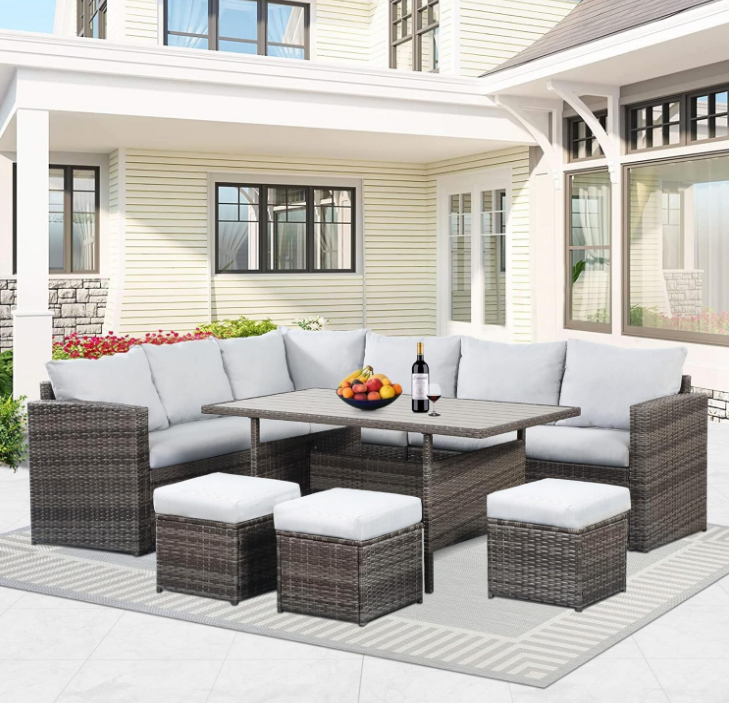 7 Piece Patio Furniture Set, All Weather Wicker Patio Conversation Sets with Cushion Seat & Pillows, Outdoor Dining Set, Patio Furniture Outdoor Sectional, Grey