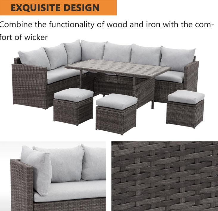 7 Piece Patio Furniture Set, All Weather Wicker Patio Conversation Sets with Cushion Seat & Pillows, Outdoor Dining Set, Patio Furniture Outdoor Sectional, Grey