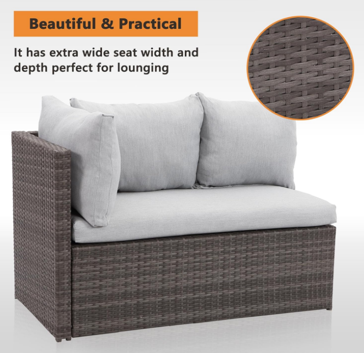 7 Piece Patio Furniture Set, All Weather Wicker Patio Conversation Sets with Cushion Seat & Pillows, Outdoor Dining Set, Patio Furniture Outdoor Sectional, Grey