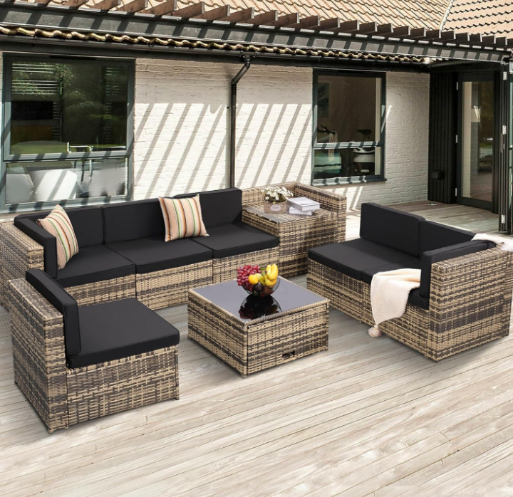 8 Pieces Outdoor Wicker Rattan Patio Furniture Sectional Set, Glass Top Table with Hidden Storage, 7 Sofa Sections, Oversized Cushions, Natural Color Rattan with Black Cushion