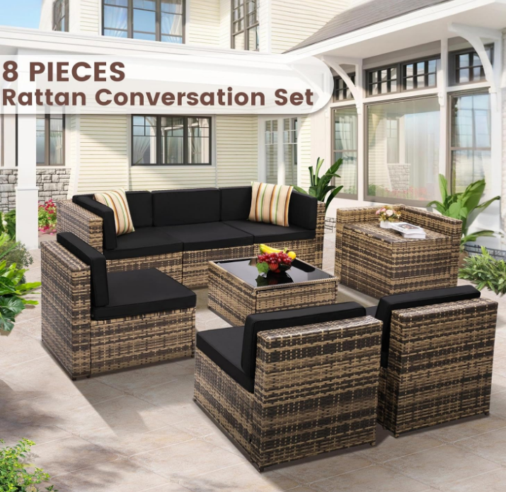 8 Pieces Outdoor Wicker Rattan Patio Furniture Sectional Set, Glass Top Table with Hidden Storage, 7 Sofa Sections, Oversized Cushions, Natural Color Rattan with Black Cushion