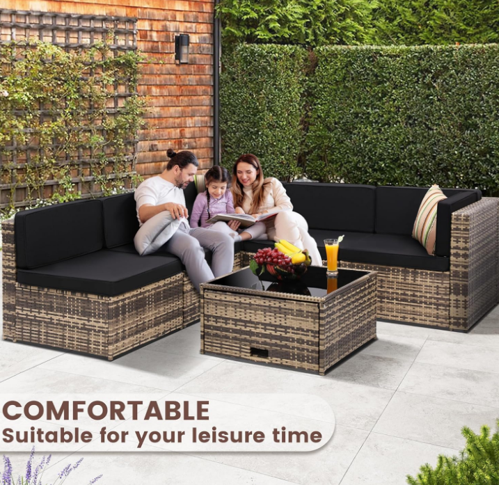 8 Pieces Outdoor Wicker Rattan Patio Furniture Sectional Set, Glass Top Table with Hidden Storage, 7 Sofa Sections, Oversized Cushions, Natural Color Rattan with Black Cushion