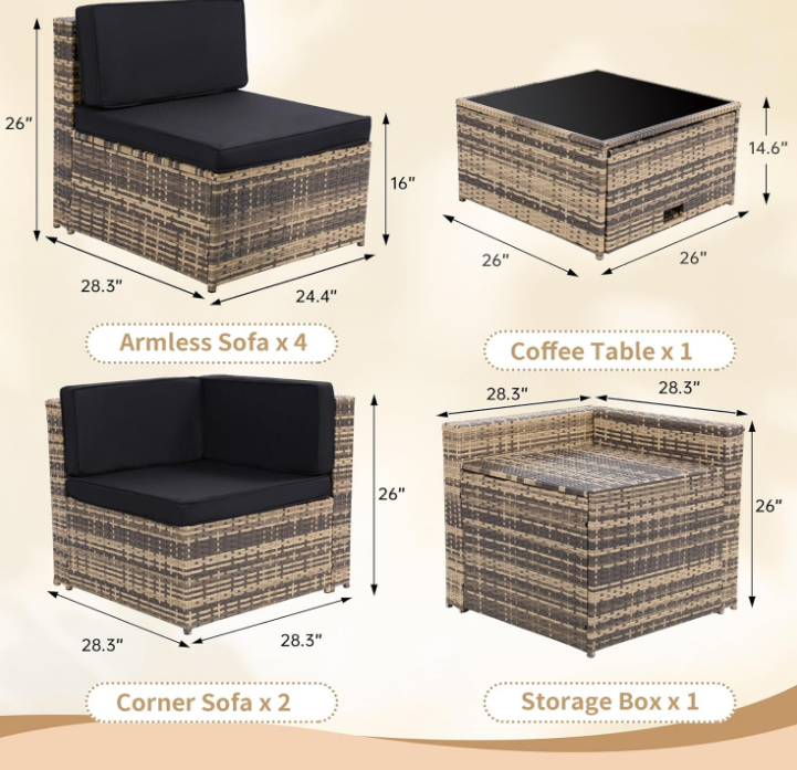 8 Pieces Outdoor Wicker Rattan Patio Furniture Sectional Set, Glass Top Table with Hidden Storage, 7 Sofa Sections, Oversized Cushions, Natural Color Rattan with Black Cushion