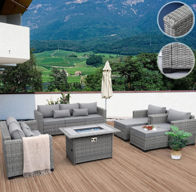 7-Piece Outdoor Furniture Sets Patio Furniture Set with 45-inch Fire Pit Patio Couch Outdoor Chairs 60000 BTU Propane Fire Pit Table with Non-Slip Cushions Waterproof Covers, Light Grey