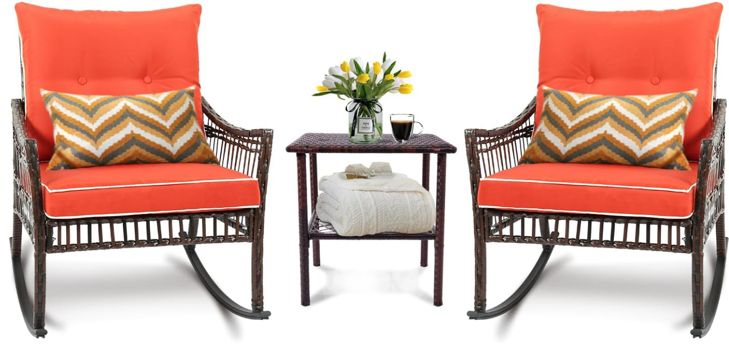 3-Piece Patio Furniture Set,Outdoor Rocking Chairs Set of 2, Patio Conversation Set with 2 Wicker Chairs with Coffee Table and Cushions for Garden,Porch,Backyard, Bistro