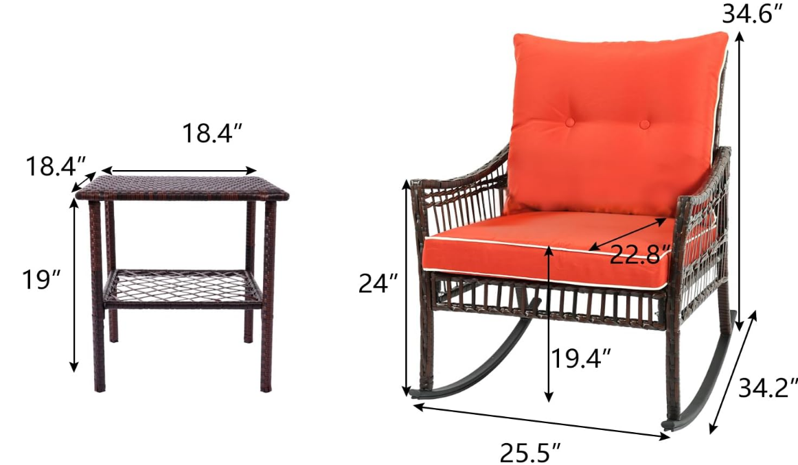 3-Piece Patio Furniture Set,Outdoor Rocking Chairs Set of 2, Patio Conversation Set with 2 Wicker Chairs with Coffee Table and Cushions for Garden,Porch,Backyard, Bistro