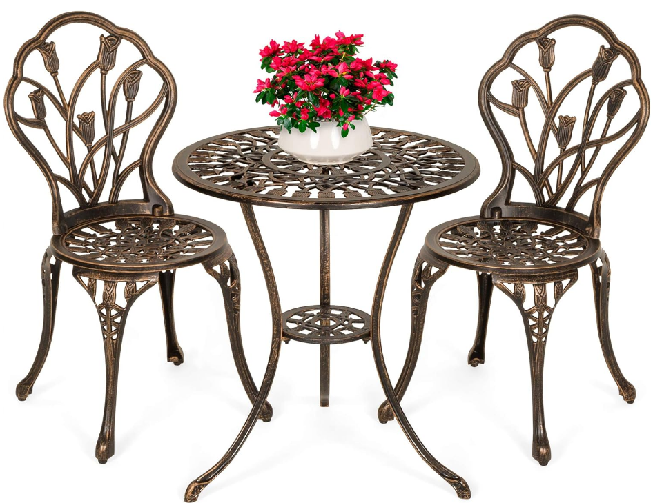 3-Piece Outdoor Rust-Resistant Cast Aluminum Patio Bistro Set w/Tulip Design, Antique Finish - Copper