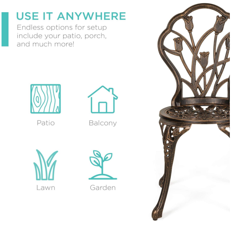 3-Piece Outdoor Rust-Resistant Cast Aluminum Patio Bistro Set w/Tulip Design, Antique Finish - Copper