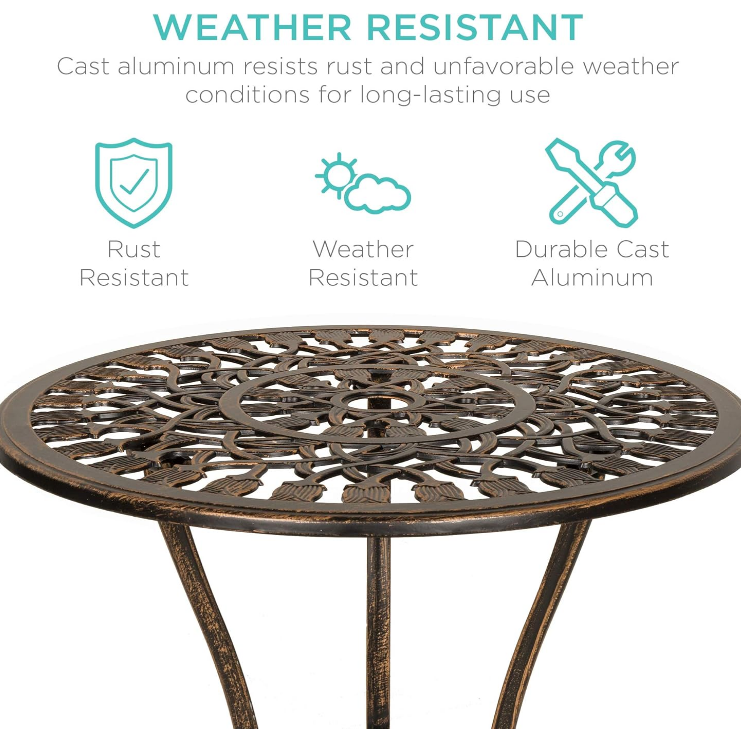3-Piece Outdoor Rust-Resistant Cast Aluminum Patio Bistro Set w/Tulip Design, Antique Finish - Copper