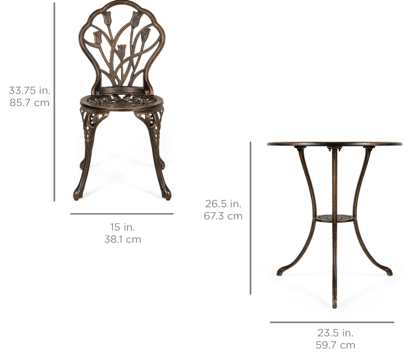 3-Piece Outdoor Rust-Resistant Cast Aluminum Patio Bistro Set w/Tulip Design, Antique Finish - Copper