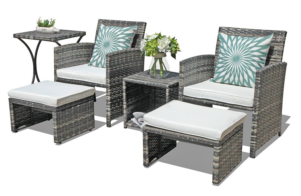 6 Piece Patio Furniture Conversation Set with Ottoman, Outdoor Grey Wicker Chair and Table Set, Balcony Furniture for Apartments, White