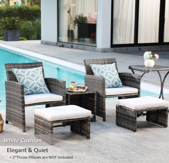6 Piece Patio Furniture Conversation Set with Ottoman, Outdoor Grey Wicker Chair and Table Set, Balcony Furniture for Apartments, White