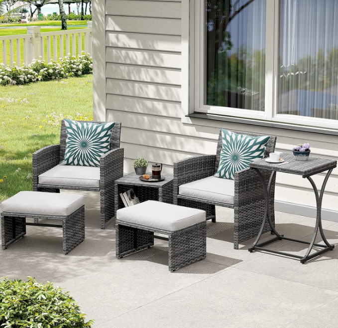6 Piece Patio Furniture Conversation Set with Ottoman, Outdoor Grey Wicker Chair and Table Set, Balcony Furniture for Apartments, White
