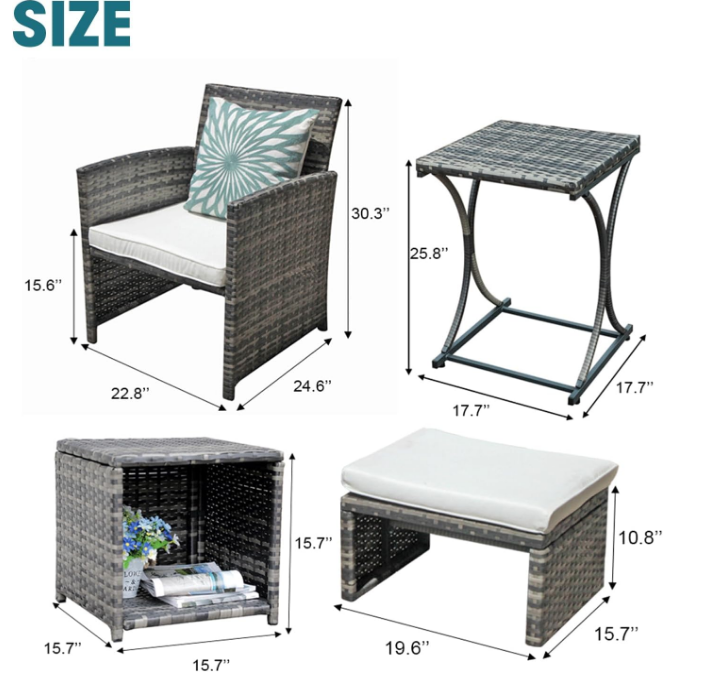 6 Piece Patio Furniture Conversation Set with Ottoman, Outdoor Grey Wicker Chair and Table Set, Balcony Furniture for Apartments, White