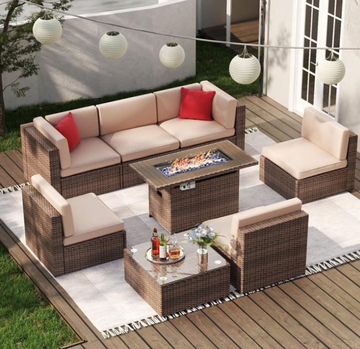 8-Piece Outdoor Patio Furniture Set - Outdoor Sectional Wicker Rattan Conversation Set with Fire Pit Table & Tempered Glass Coffee Table - for People with Small physiques- Beige