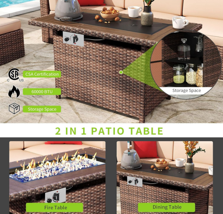 8-Piece Outdoor Patio Furniture Set - Outdoor Sectional Wicker Rattan Conversation Set with Fire Pit Table & Tempered Glass Coffee Table - for People with Small physiques- Beige
