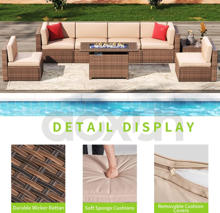 8-Piece Outdoor Patio Furniture Set - Outdoor Sectional Wicker Rattan Conversation Set with Fire Pit Table & Tempered Glass Coffee Table - for People with Small physiques- Beige