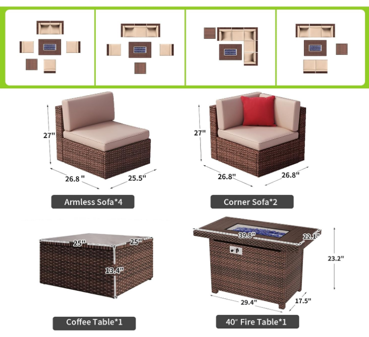 8-Piece Outdoor Patio Furniture Set - Outdoor Sectional Wicker Rattan Conversation Set with Fire Pit Table & Tempered Glass Coffee Table - for People with Small physiques- Beige