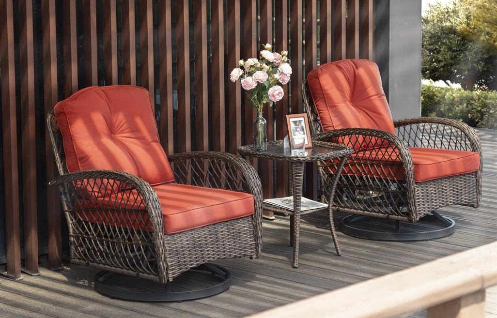 3 Pieces Patio Furniture Set, Outdoor Swivel Glider Rocker, Wicker Patio Bistro Set with Rocking Chair, Cushions and Table (Red)