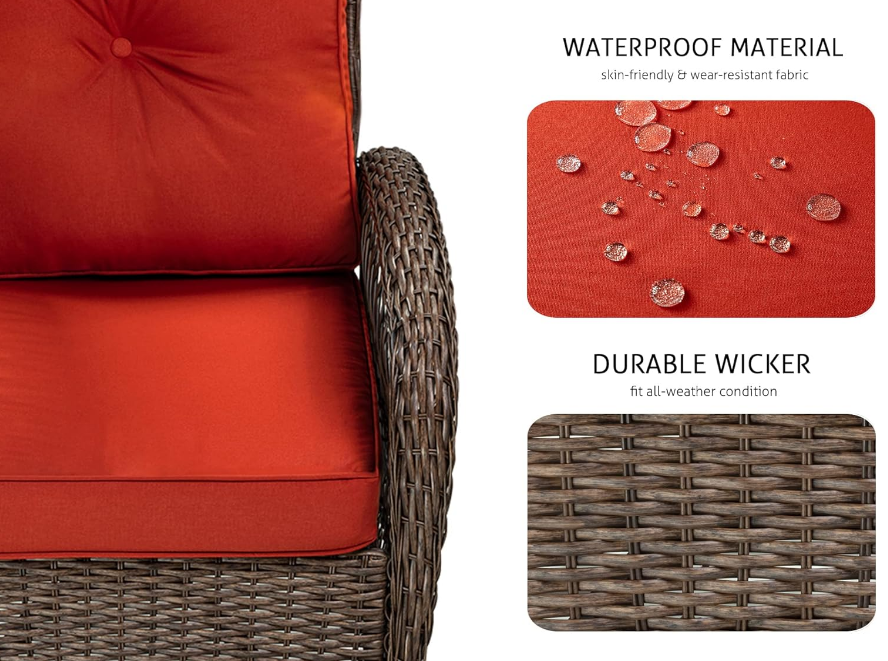 3 Pieces Patio Furniture Set, Outdoor Swivel Glider Rocker, Wicker Patio Bistro Set with Rocking Chair, Cushions and Table (Red)