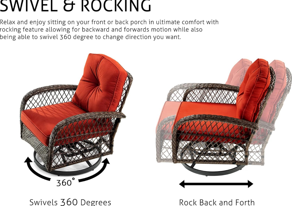 3 Pieces Patio Furniture Set, Outdoor Swivel Glider Rocker, Wicker Patio Bistro Set with Rocking Chair, Cushions and Table (Red)