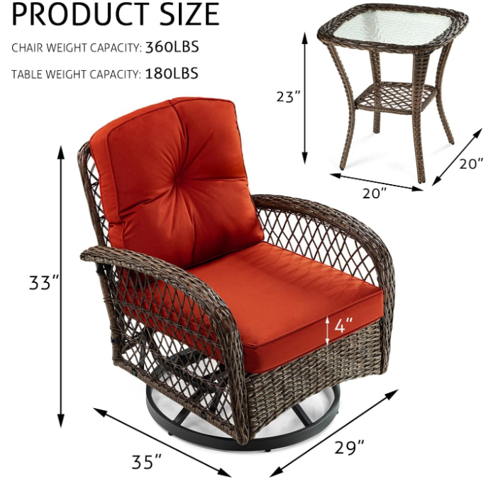 3 Pieces Patio Furniture Set, Outdoor Swivel Glider Rocker, Wicker Patio Bistro Set with Rocking Chair, Cushions and Table (Red)