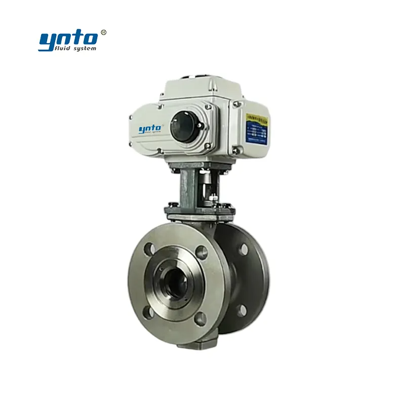 YNTO White Electric Actuator Stainless Steel Wafer-Type V-Port Ball Valve