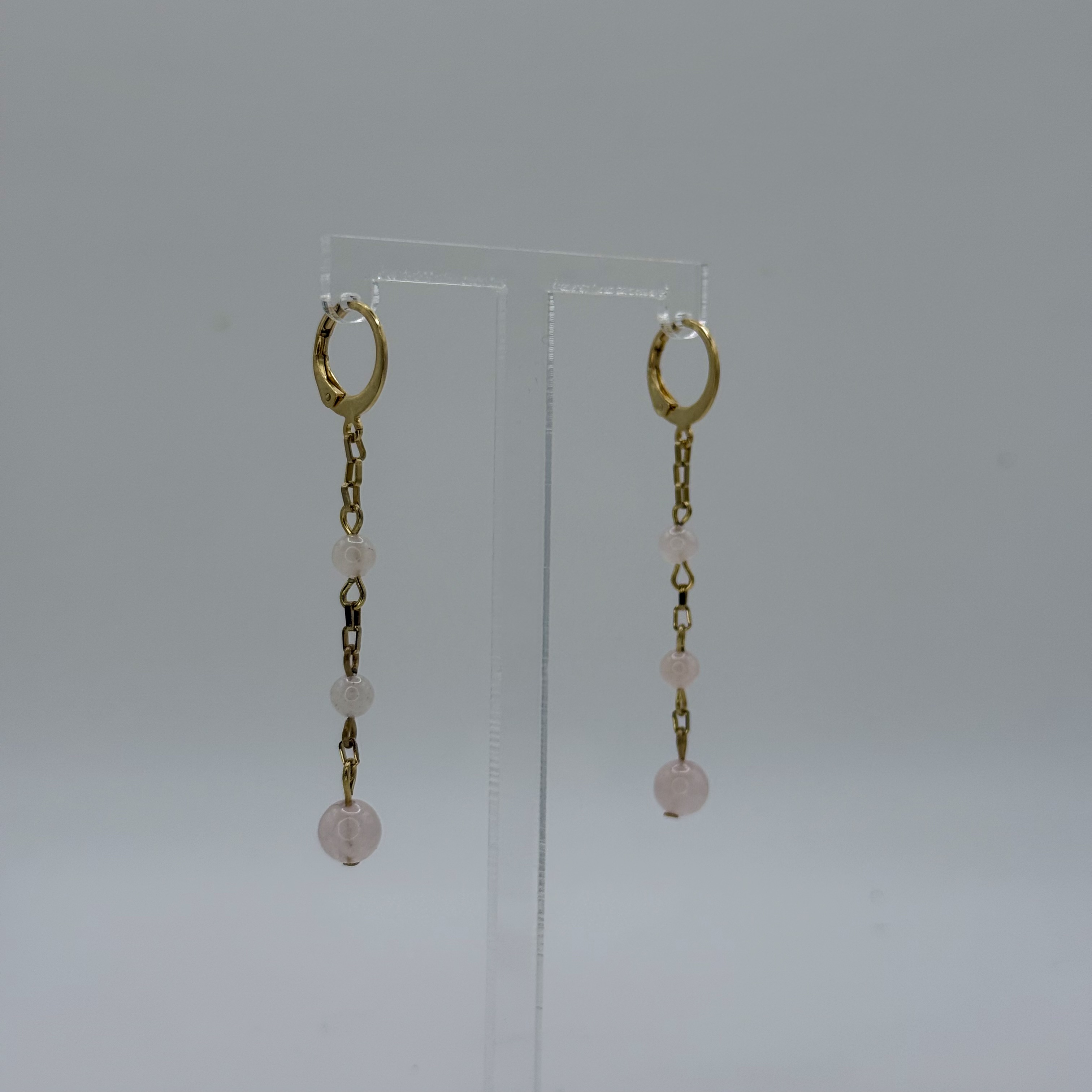 Créoles à 3 perles Quartz rose