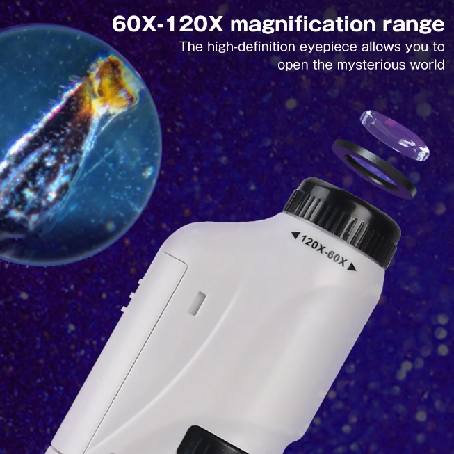 Handheld White Mini Microscope Kit 60-120x Pocket Battery Powered LED Light Portable Microscope