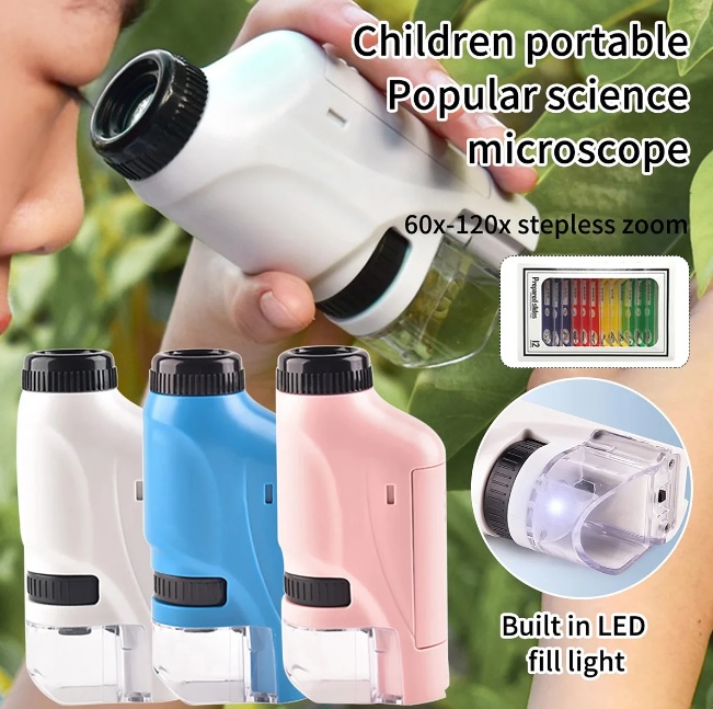 Handheld White Mini Microscope Kit 60-120x Pocket Battery Powered LED Light Portable Microscope