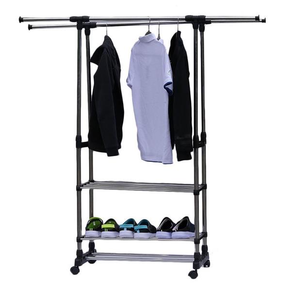 Horizontal & Vertical Dual Bars 3 Tiers Stainless Steel Clothing Garment Shoe Rack