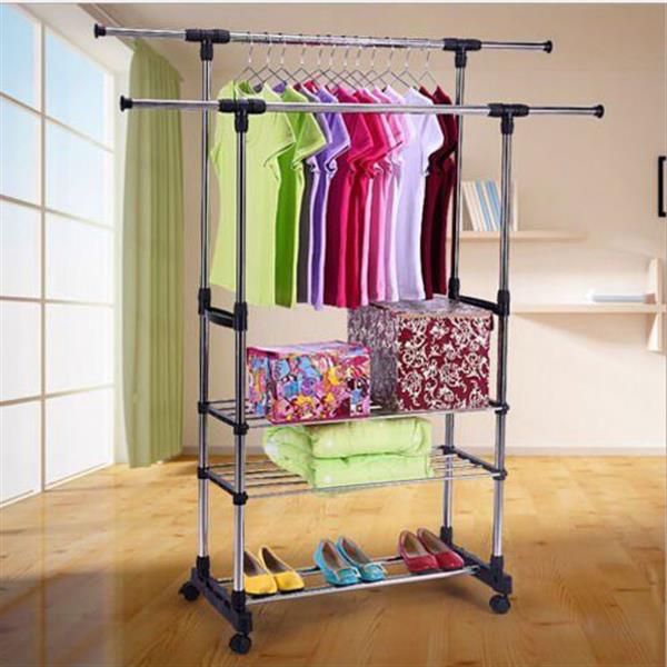 Horizontal & Vertical Dual Bars 3 Tiers Stainless Steel Clothing Garment Shoe Rack 