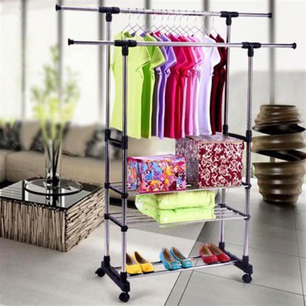 Horizontal & Vertical Dual Bars 3 Tiers Stainless Steel Clothing Garment Shoe Rack 