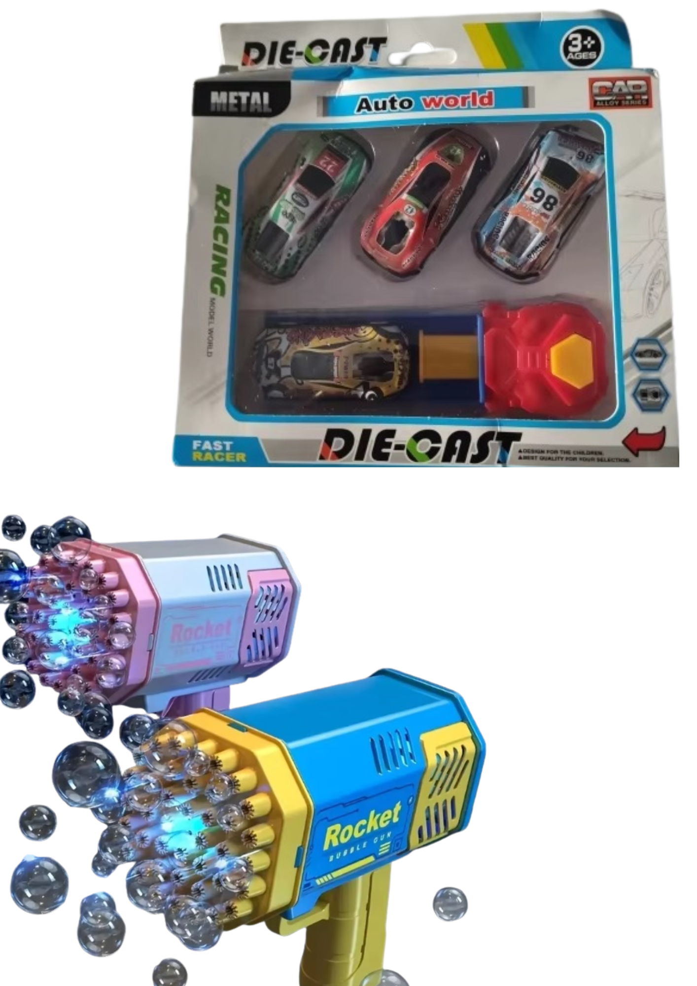 LOT of 2 Bubble Blowing 40 Hole Toy Holiday Gift Outdoor Bubble Gun (Pink) & Stunt Car Model Alloy Body Pull Ejection Jumping Mini