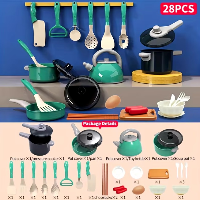 Toy Kitchen Set (28pcs Green) Simulated Kitchen Toy For Children's Pretend Play Set For Boys And Girls