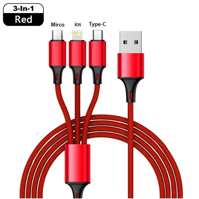 3 in1 Charging Cable Multi Usb Port 1.2m Multiple Cord Type C Micro Charger Black For iPhone 15 14 13 12 Xiaomi