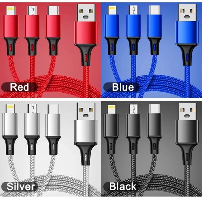 3 in1 Charging Cable Multi Usb Port 1.2m Multiple Cord Type C Micro Charger Black For iPhone 15 14 13 12 Xiaomi