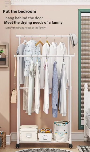 Coat Rack Movable Double Clothes Shelf Simple Rod Clothes Floor-Standing Bedroom Telescopic Floor Hangers Storage Coat Rack