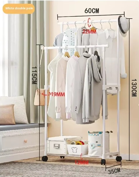 Coat Rack Movable Double Clothes Shelf Simple Rod Clothes Floor-Standing Bedroom Telescopic Floor Hangers Storage Coat Rack