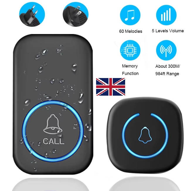 Wireless Doorbell IP44 Waterproof Smart Home 300M Range 60Songs Intelligent Home Chime Bell Kit EU Plug