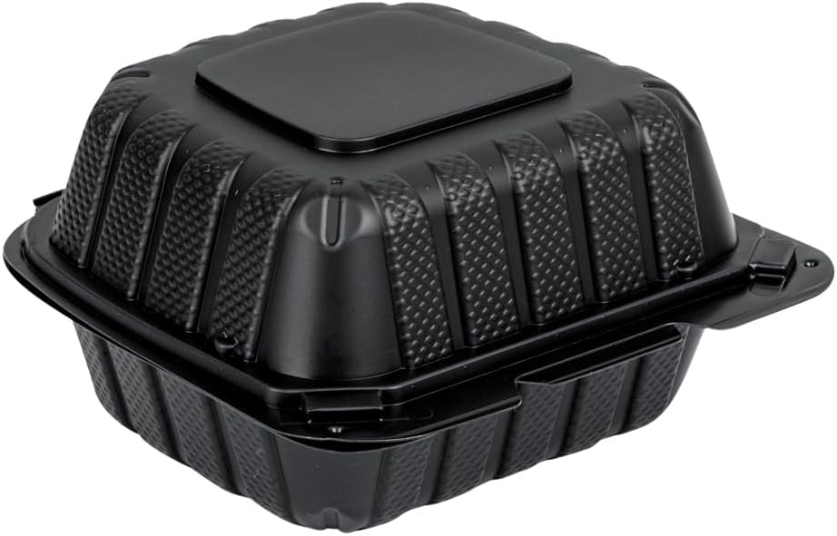 Restaurantware 6 x 6 x 3 Inch Mineral-Filled Take Out Containers Durable To Microwaves - Heavy-Duty Disposable Black Plastic Clamshell Containers Suitable For Hot & Cold Foods