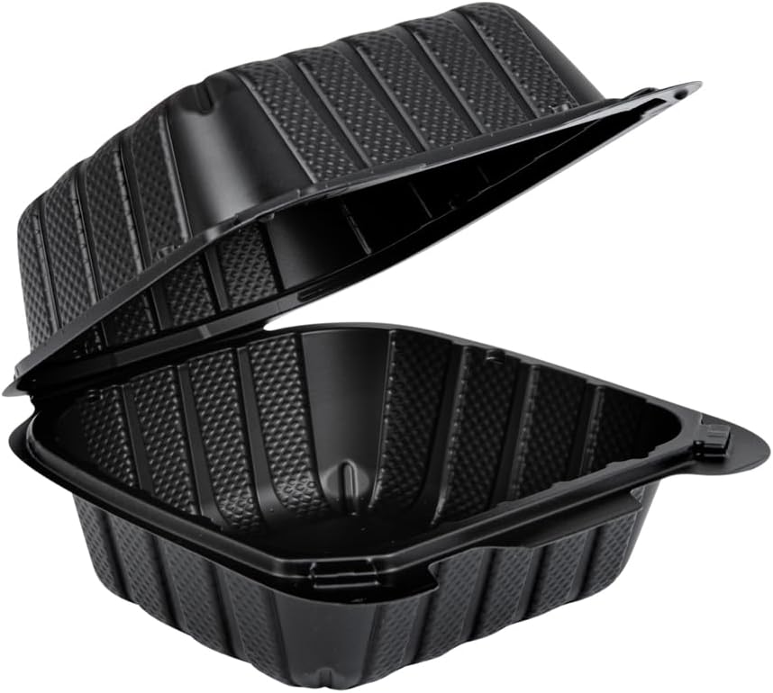 Restaurantware 6 x 6 x 3 Inch Mineral-Filled Take Out Containers Durable To Microwaves - Heavy-Duty Disposable Black Plastic Clamshell Containers Suitable For Hot & Cold Foods