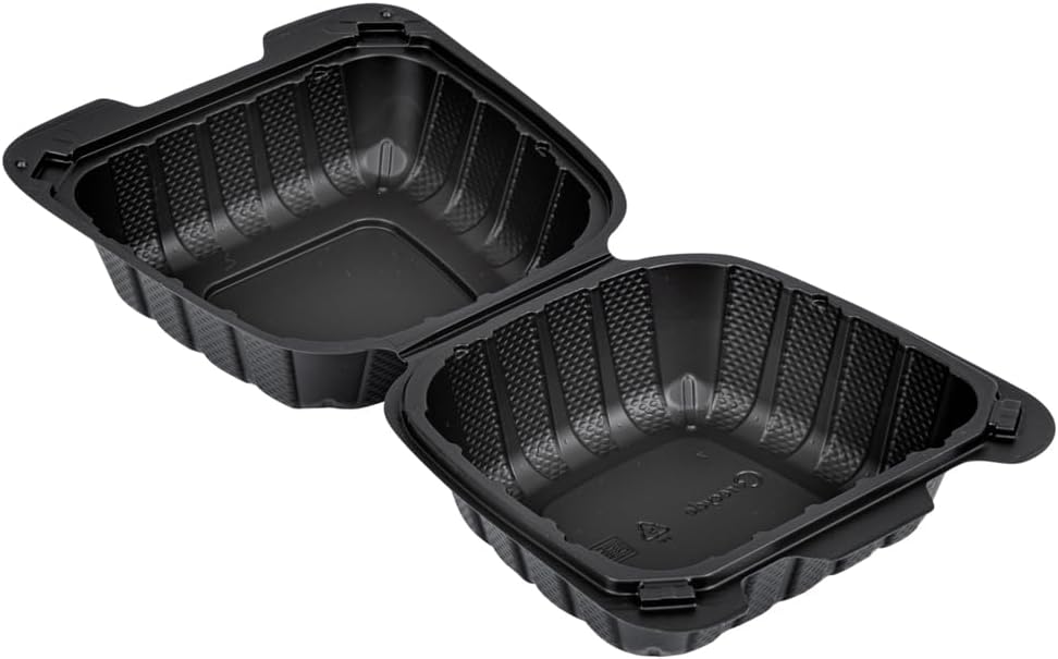 Restaurantware 6 x 6 x 3 Inch Mineral-Filled Take Out Containers Durable To Microwaves - Heavy-Duty Disposable Black Plastic Clamshell Containers Suitable For Hot & Cold Foods