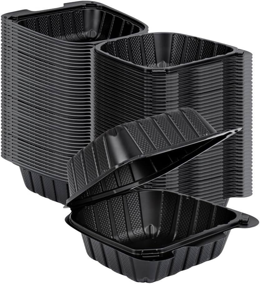 Restaurantware 6 x 6 x 3 Inch Mineral-Filled Take Out Containers Durable To Microwaves - Heavy-Duty Disposable Black Plastic Clamshell Containers Suitable For Hot & Cold Foods