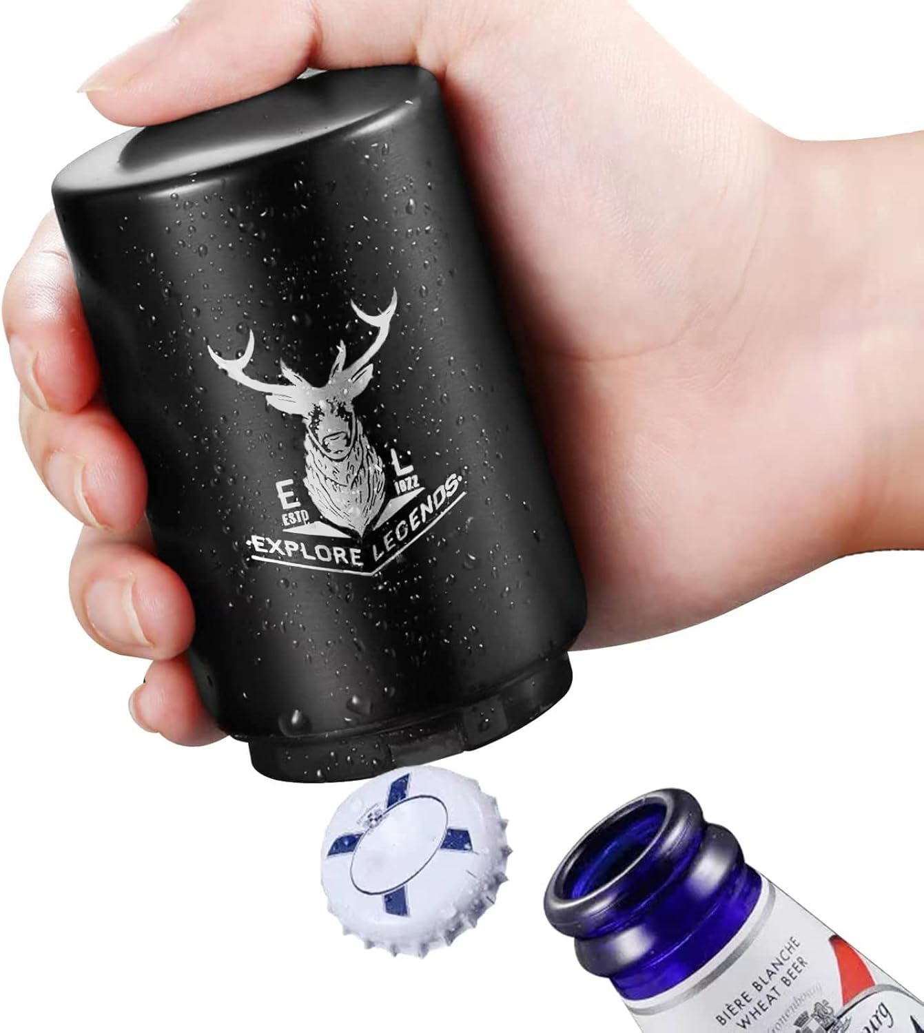 Automatic Beer Bottle Opener with Magnetic Cap, Stainless Steel One-Handed Lid Opening Spring Loaded Push&Pop for Kitchen Home Bar Restaurant Household Utensils Beer Accessories Gift (Elk)