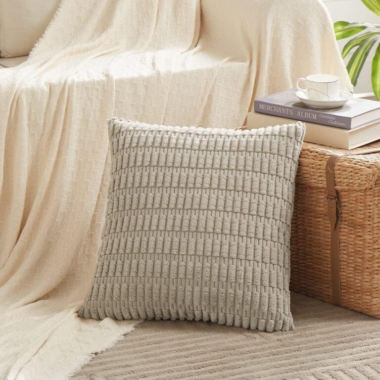 Fancy Homi 4 Packs Neutral Decorative Throw Pillow Covers 18×18 Inch for Living Room Couch Bed Sofa, Rustic Farmhouse Boho Home Decor, Soft Plush Striped Corduroy Square Cushion Case 45×45 cm
