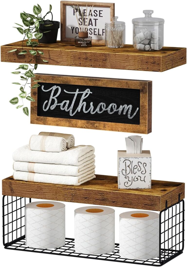 QEEIG Bathroom Shelves Over Toilet, Bathroom Decor Furniture Sets Farmhouse Decorations Aesthetic Décor Sign Small Floating Wall Shelf 2+1 Set 16 inch, Rustic Brown