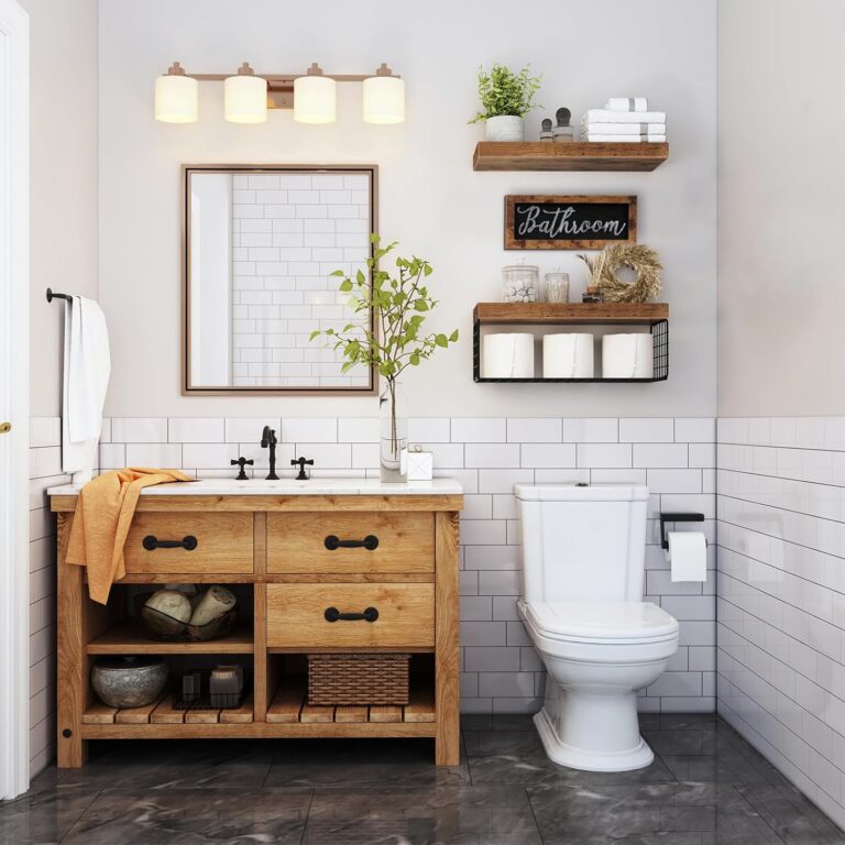 QEEIG Bathroom Shelves Over Toilet, Bathroom Decor Furniture Sets Farmhouse Decorations Aesthetic Décor Sign Small Floating Wall Shelf 2+1 Set 16 inch, Rustic Brown